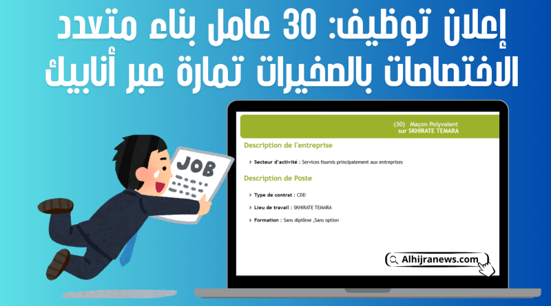 إعلان توظيف: 30 عامل بناء متعدد الاختصاصات بالصخيرات تمارة عبر أنابيك